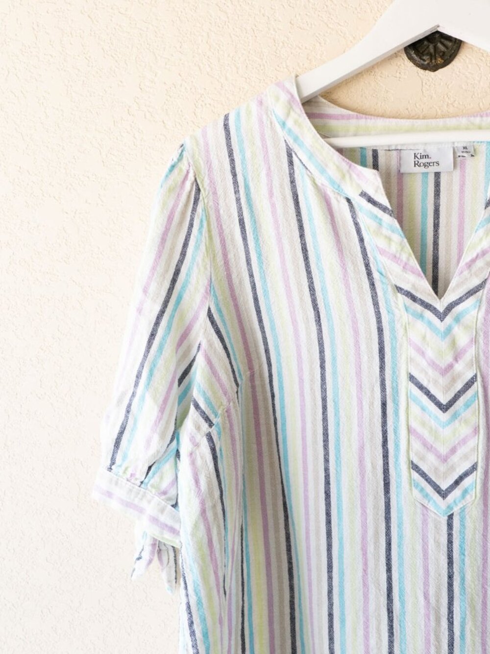 Kim Rogers Linen Blend Top XL Pastel Stripe Tie Sleeve Popover Blouse Coastal - Picture 5 of 14